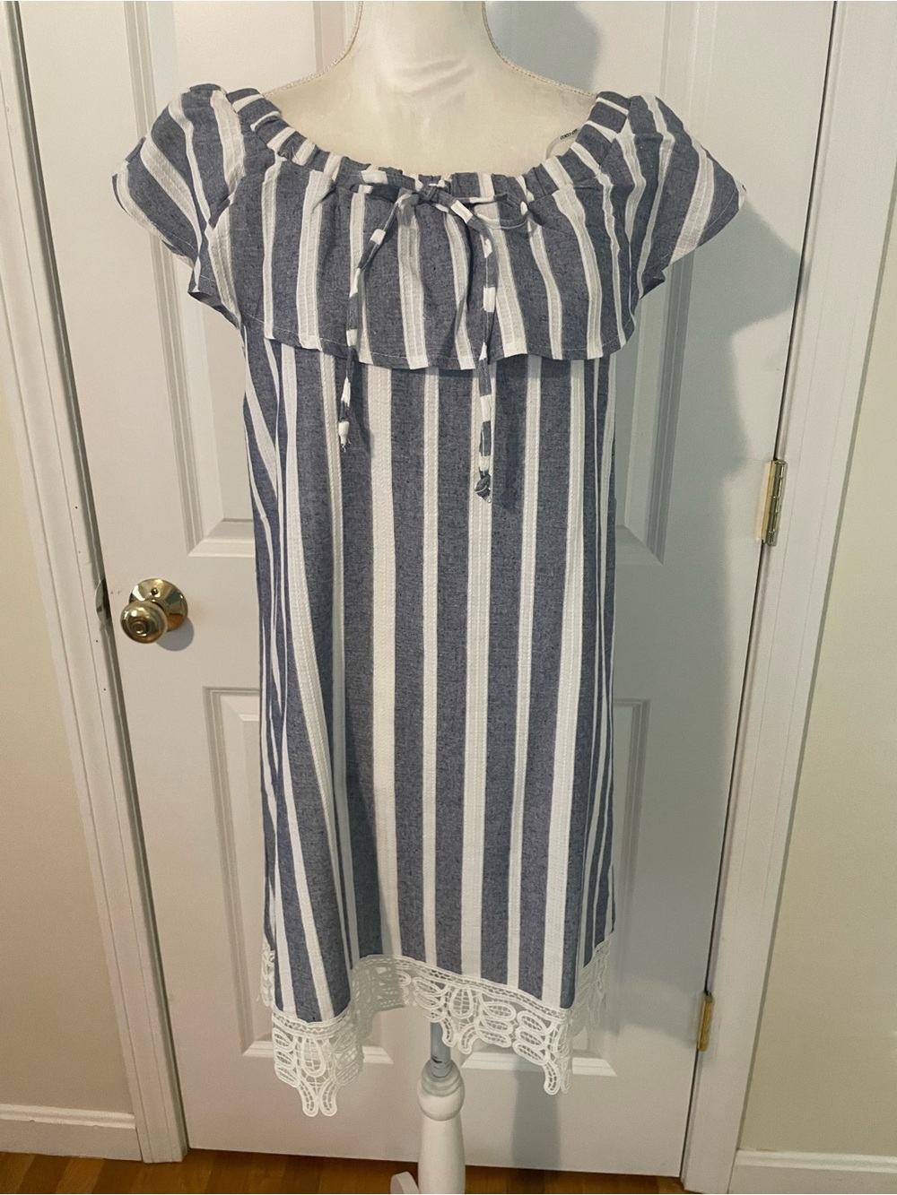 Striped blue gray and White Off-Shoulder Mini Dress with Lace Hem